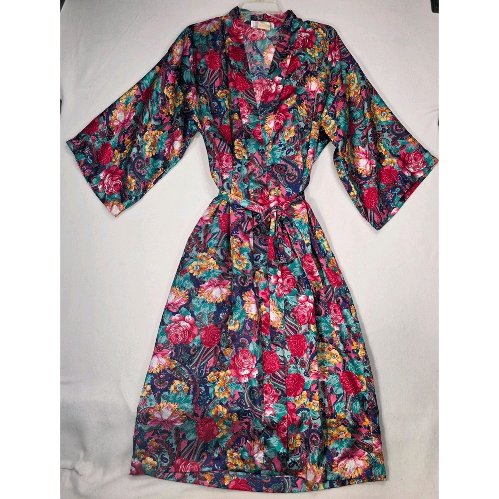 Vintage Maidenform Liquid Satin Floral Robe House Dress Kimono Wrap Size Large
